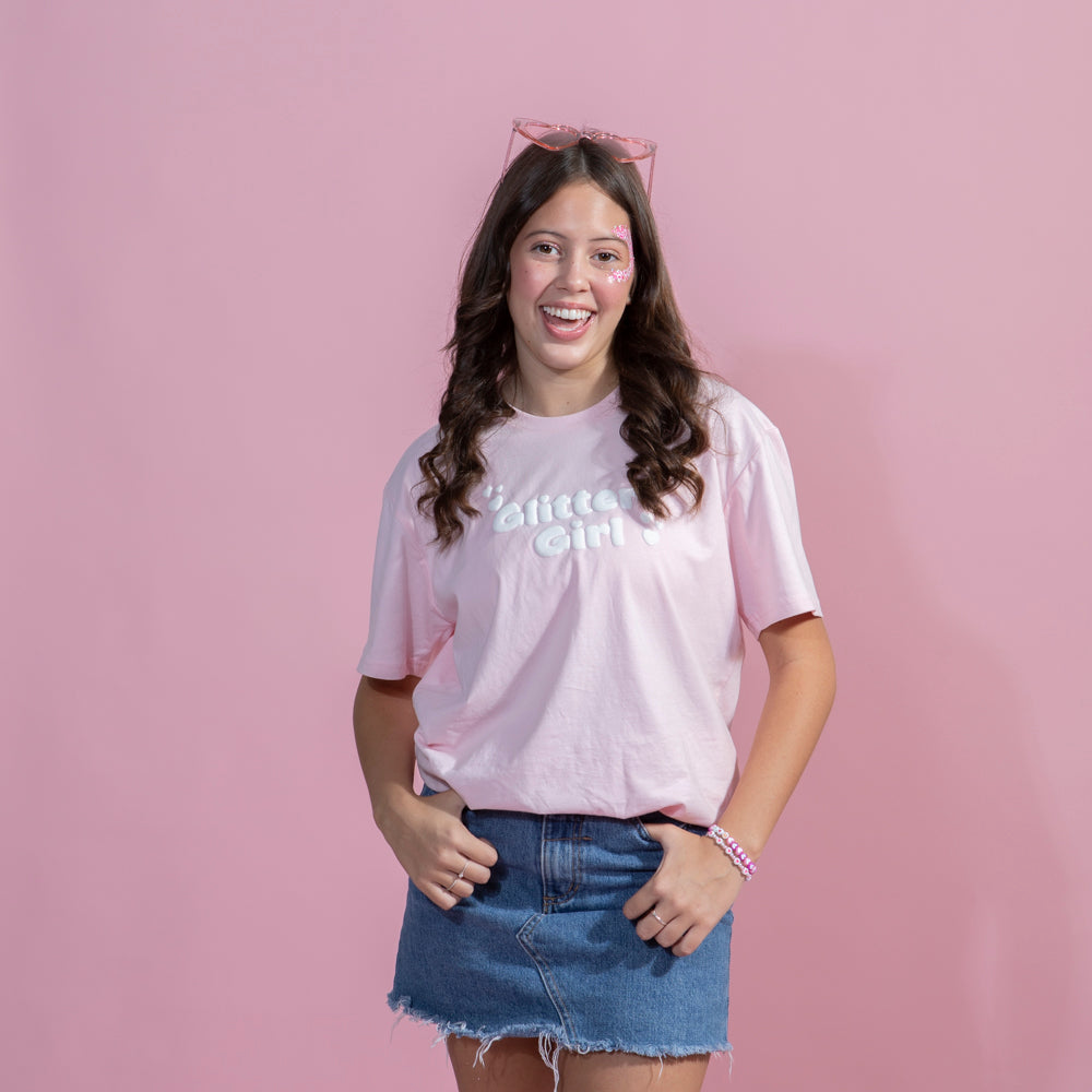 Pink T Shirt White Puff print Glitter Girl