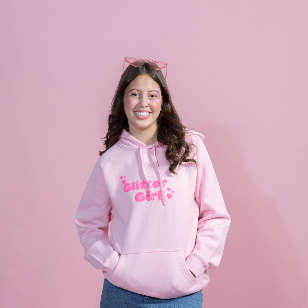 Pink hoodie white hot pink puff print