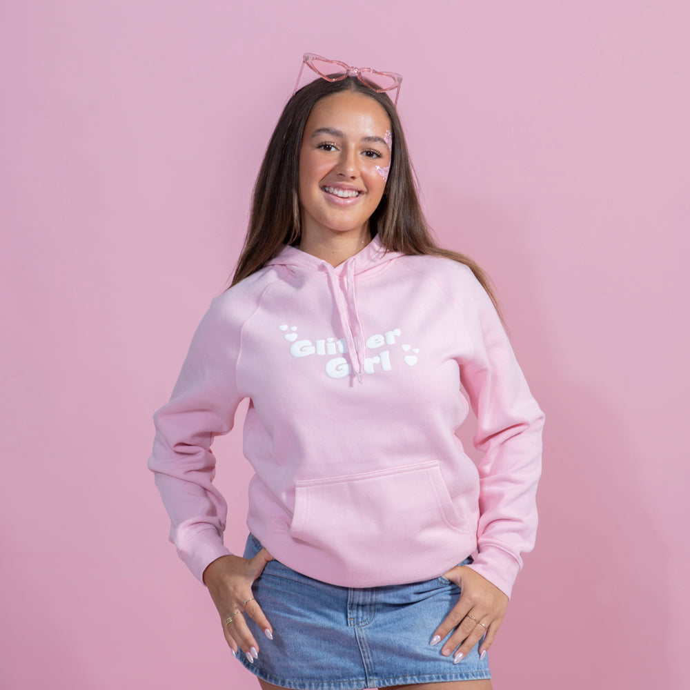 Pink hoodie with white puff print