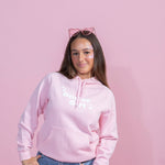 Pink hoodie with white puff print