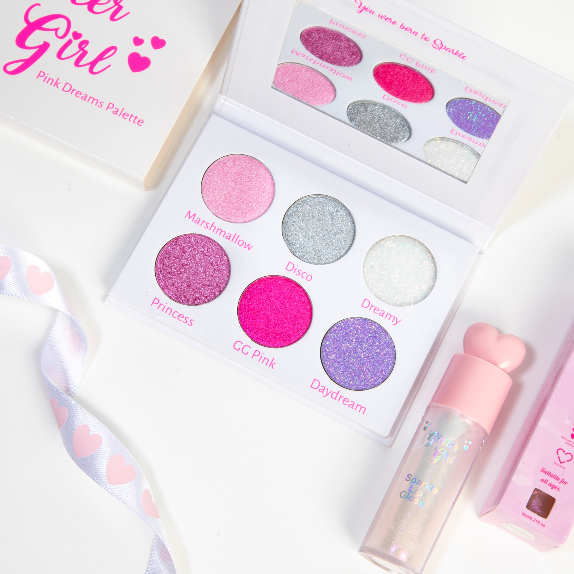 Perfect gift for teens with the Pink dreams makeup palette and sparkle lip gloss.