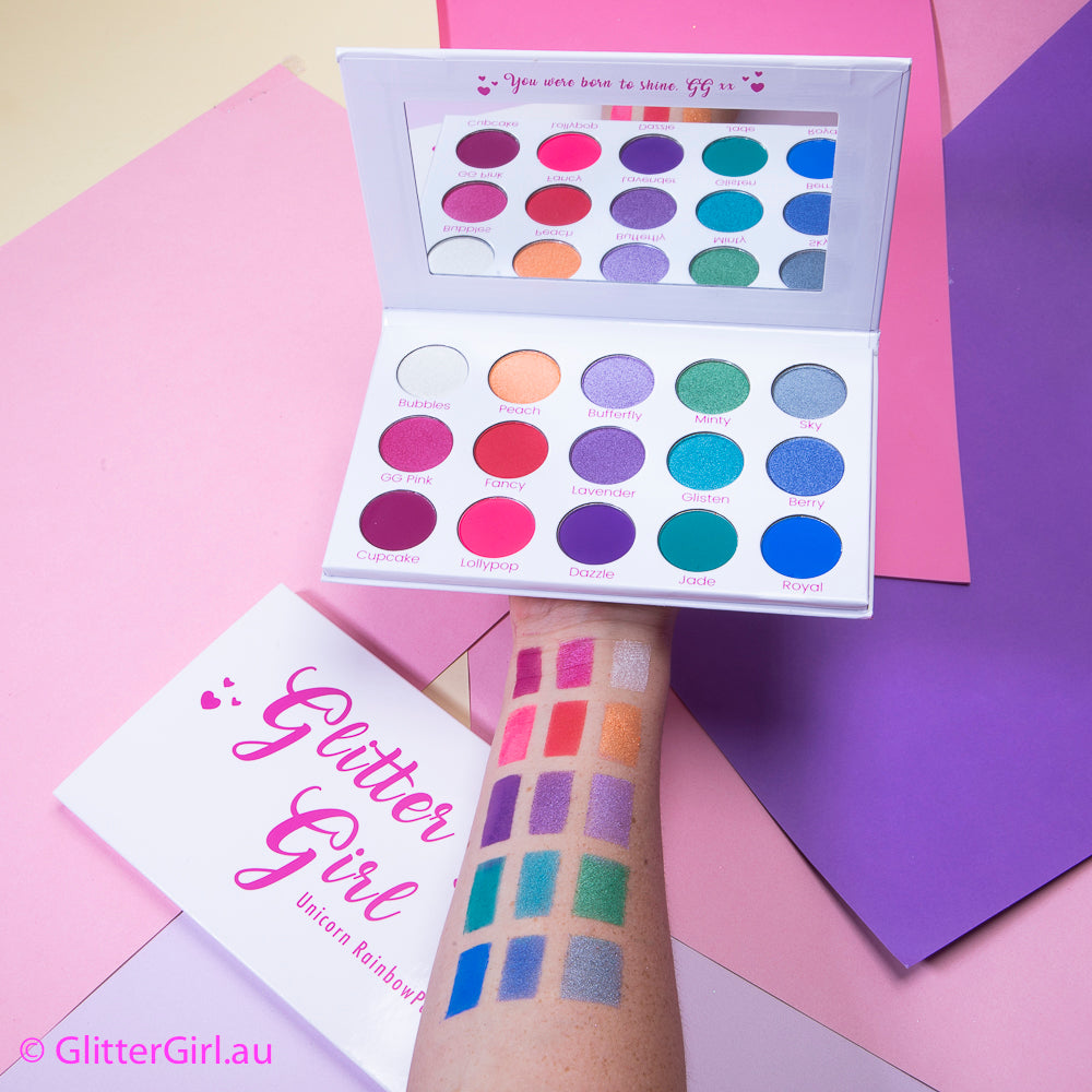 Rainbow Palette. Vegan & Cruelty-Free Glitter Eyeshadow Palette – high-pigment rainbow hues with soft, fluffy makeup brushes for flawless application.