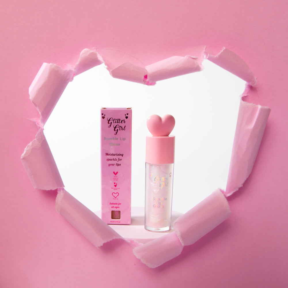 Pink shimmer sparkle lip gloss for a glossy look.