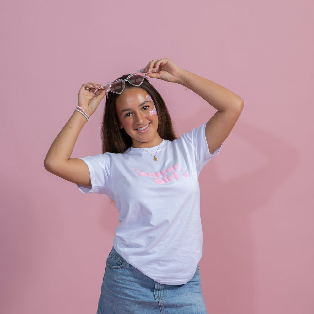 White T Shirt baby pink Puff print Glitter Girl