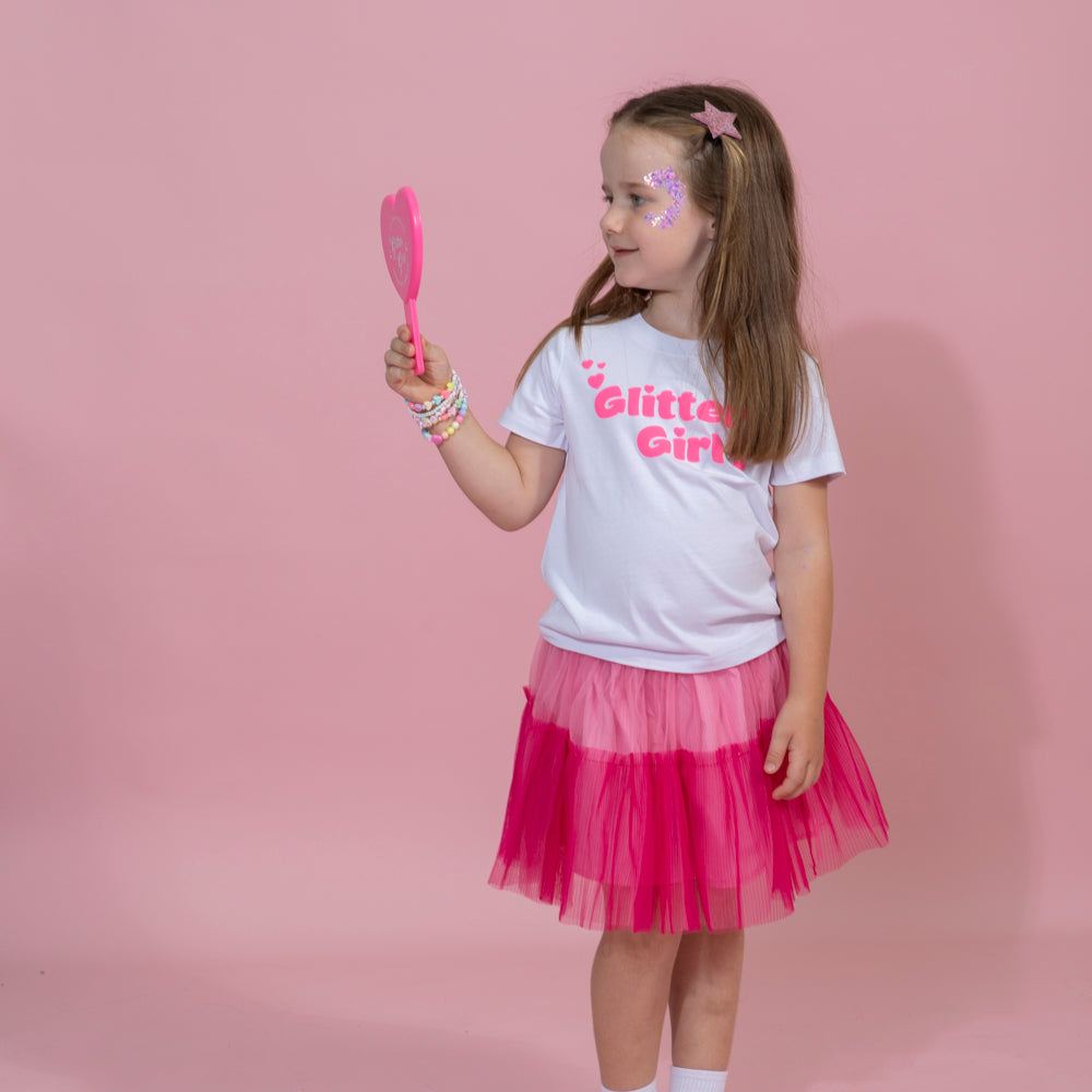 White T Shirt with hot pink puff print