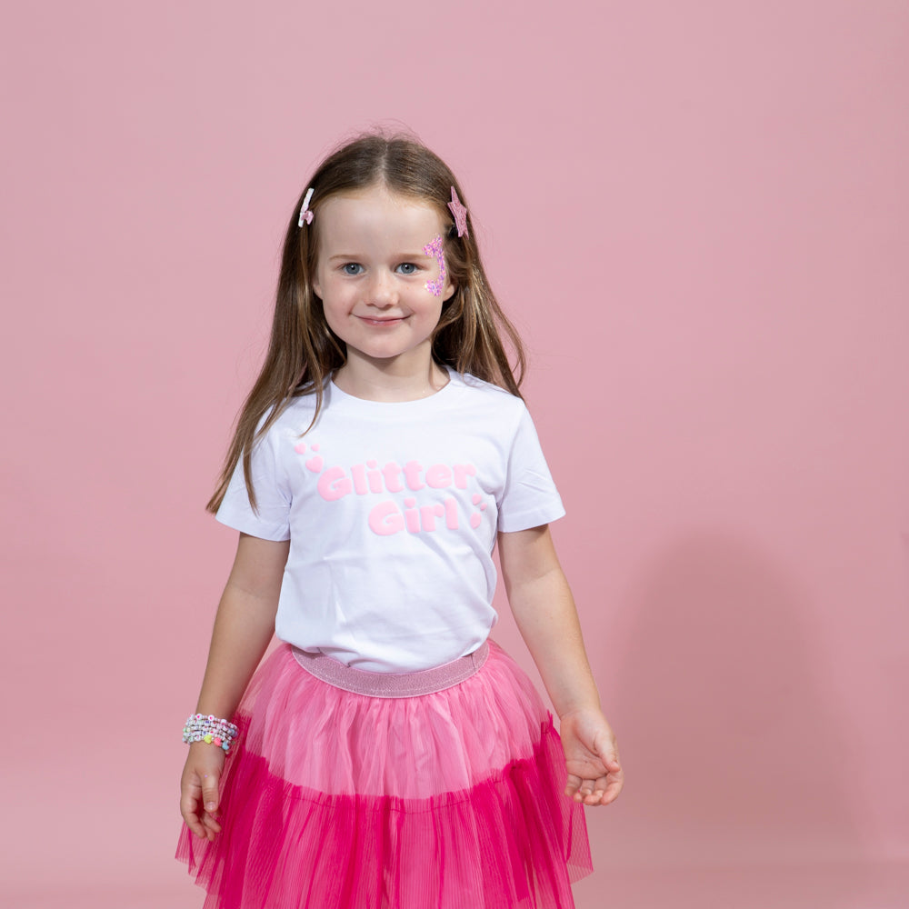 White TShirt with baby pink puff print