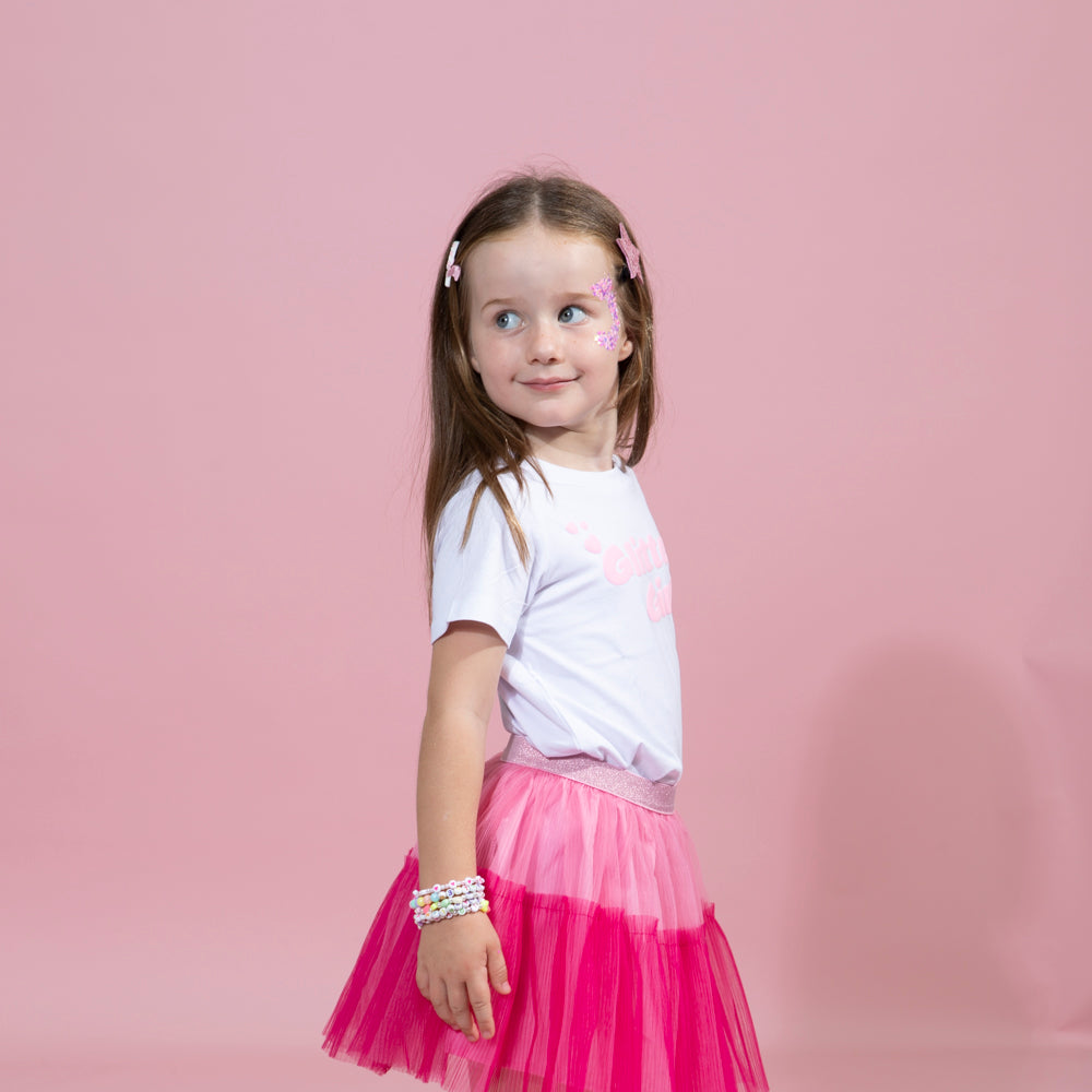 White TShirt with baby pink puff print