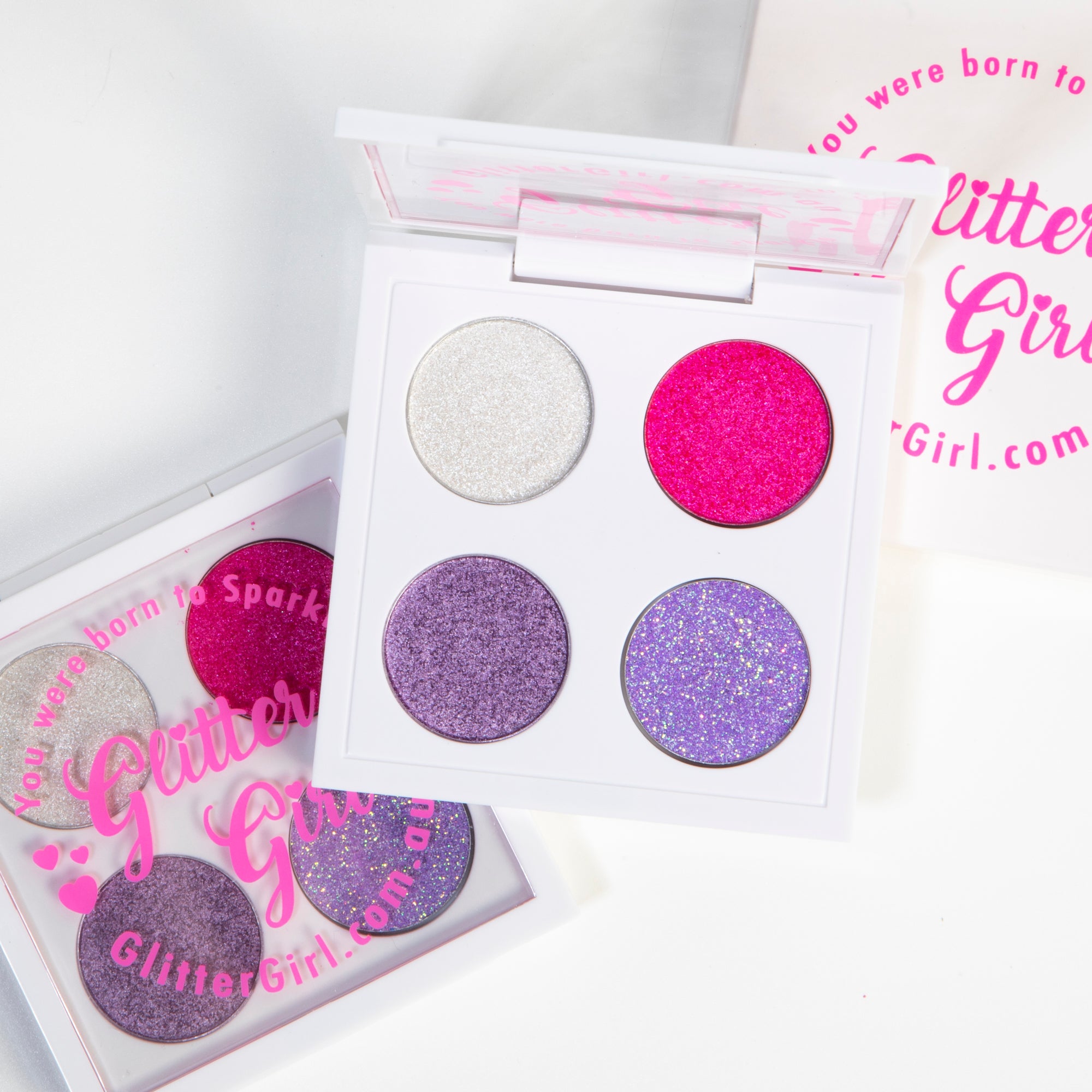 Close up of Glitter Girl Custom Cheer & Dance Eyeshadow Palette - 4 shimmer and matte shades.