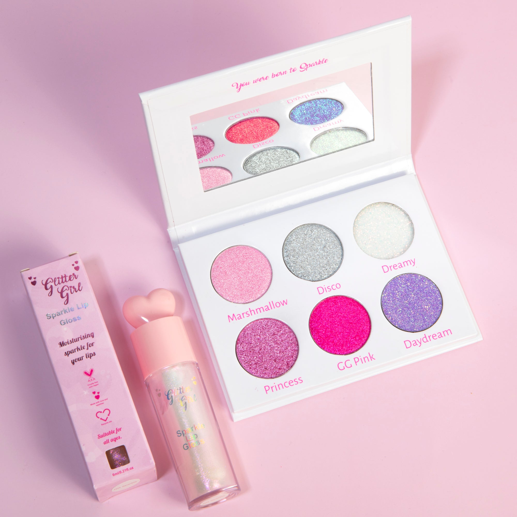 Perfect glitter makeup for teens – an easy-to-use pink eyeshadow palette with a hydrating lip gloss.