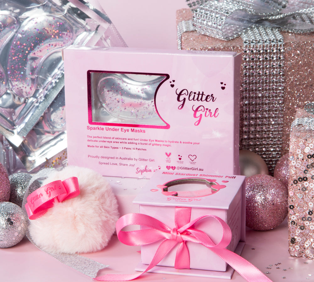 Glitter Girl Sparkle and Shimmer Bundle with under eye masks and Mini Stardust Shimmer Puff